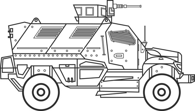 Wheeled armored personnel carrier, a combat vehicle for transporting infantry with a large-caliber machine gun, black line icon.