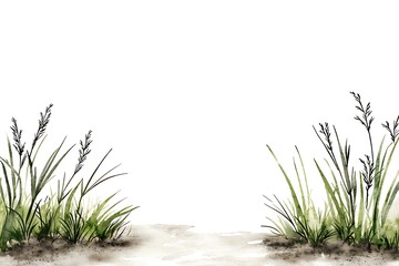 Fototapeta premium Watercolor Illustration of Grassy Flora on White Background