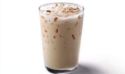 Iced Coconut Latte, refreshing summer drink, white background, studio shot, for beverage menu