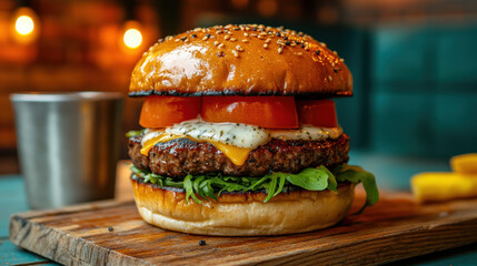 A gourmet black garlic and miso-infused beef burger served in high fidelity quality.
