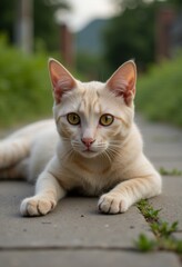 Obraz premium An orange and white cat laying on the ground