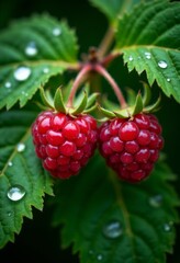 A bunch of ripe red berries with water droplets on them