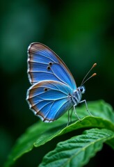 Fototapeta premium A blue butterfly sitting on top of a green leaf