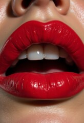 Obraz premium A close up of a woman's mouth with bright red lipstick