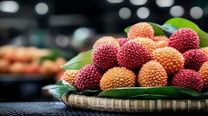 A basket of fruit with red and orange balls on top of a leaf. The fruit is ripe and ready to eat
