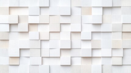 Obraz premium The image shows a wall composed of numerous off-white and white cubes of varying sizes. The cubes create a three-dimensional, textured effect. The composition is a full shot of the cube wall, which i