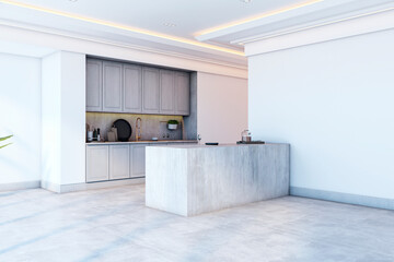 Minimalist modern kitchen interior with concrete island and soft lighting in a clean open space, featuring contemporary built-in cabinetry. 3D Rendering