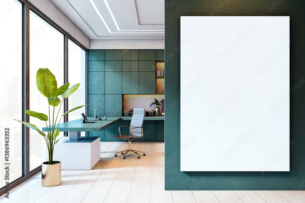 Aufkleber modern office interior with blank vertical canvas poster on wall for design mockup and presentation 