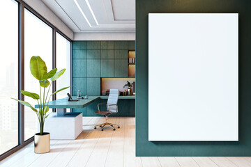 Modern office interior with blank vertical canvas poster on wall for design mockup and presentation template display in bright clean room view. 3D Rendering
