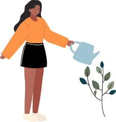 gardening people in spring characters working in garden farm or field watering tree