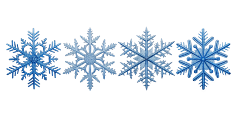 Set of four intricate blue snowflake illustrations with frosty textures on transparent background—perfect for winter, holiday, or seasonal design projects.