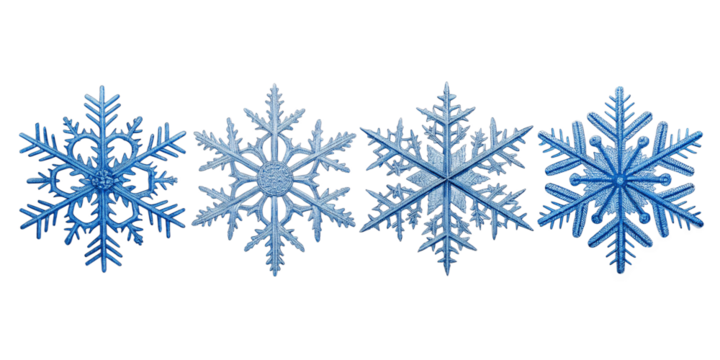 Set of four intricate blue snowflake illustrations with frosty textures on transparent background—perfect for winter, holiday, or seasonal design projects. - Powered by Adobe