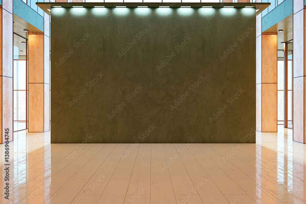 Poster modern empty room interior with large blank wall under ceiling spotlights for poster or banner mocku