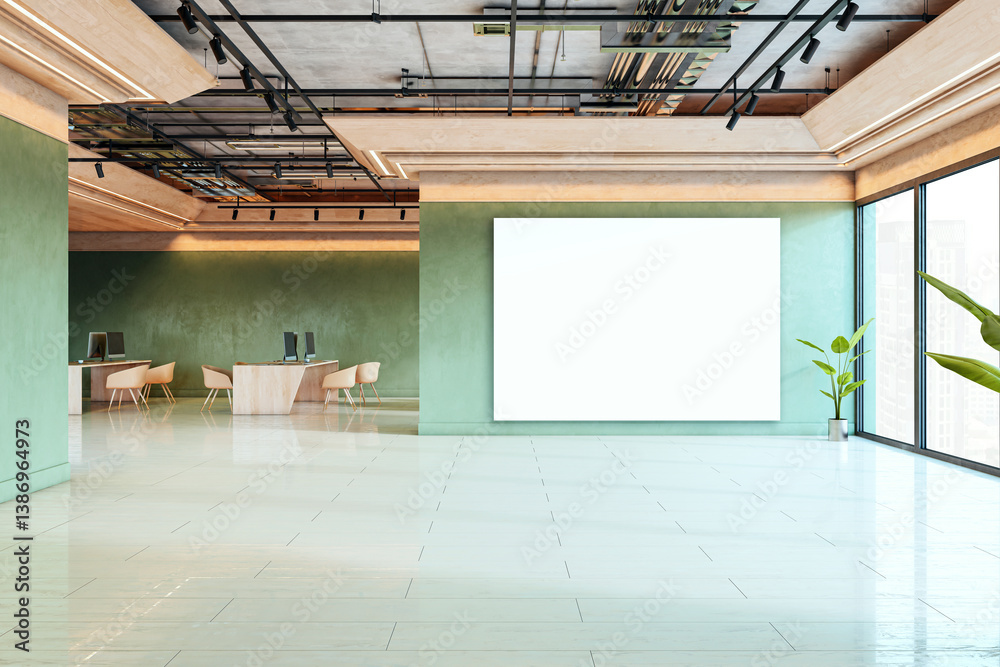 Poster modern office interior with green wall and large blank canvas screen for mockup presentation in spac
