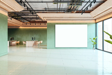 Modern office interior with green wall and large blank canvas screen for mockup presentation in spacious business room with natural lighting. 3D Rendering