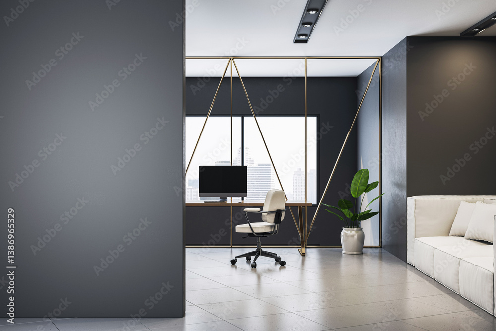 Poster modern office interior with stylish furniture, blank wall for design mockup and large window showing