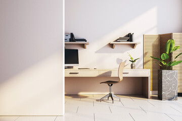 Fototapeta premium Modern home office interior with wooden desk, chair, wall shelves, blank wall, and green plant in sunlight for mockup or design presentation. 3D Rendering