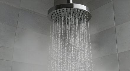 Close-up of modern stainless steel showerhead with running water droplets, steamy bathroom atmosphere, tiled wall background