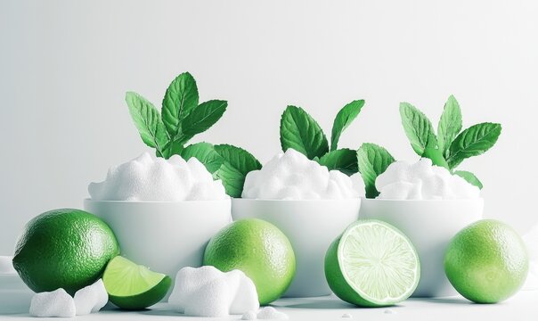 Limes, mint, and shaving foam in bowls; refreshing spa treatment; white background