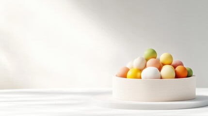 A pastel-colored egg pile sits in a light pink bowl. The bowl rests on a white platform against a bright white background. Soft lighting creates a serene mood. The image is digitally rendered, high