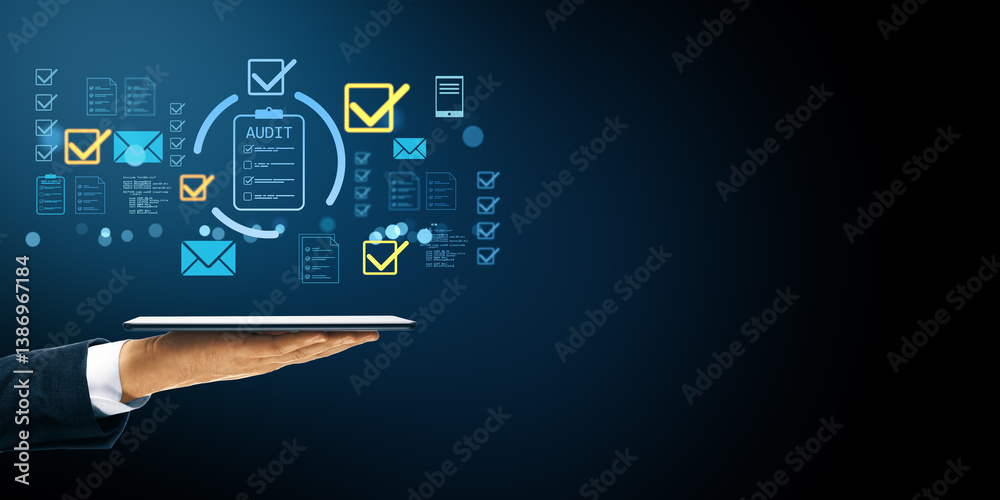 Poster business hand holding tablet showing digital audit checklist icons, email, and document symbols on d