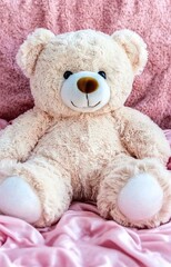 Fototapeta premium 3D cute teddy bear fluffy velvet on pink flow silk adorable pet animal plush toy fashion healing shiny gift wallpaper background 