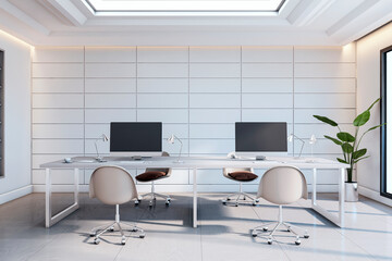 Modern minimalistic office interior with white furniture, skylight ceiling, dual desks and large wall panels in a clean architectural layout. 3D Rendering
