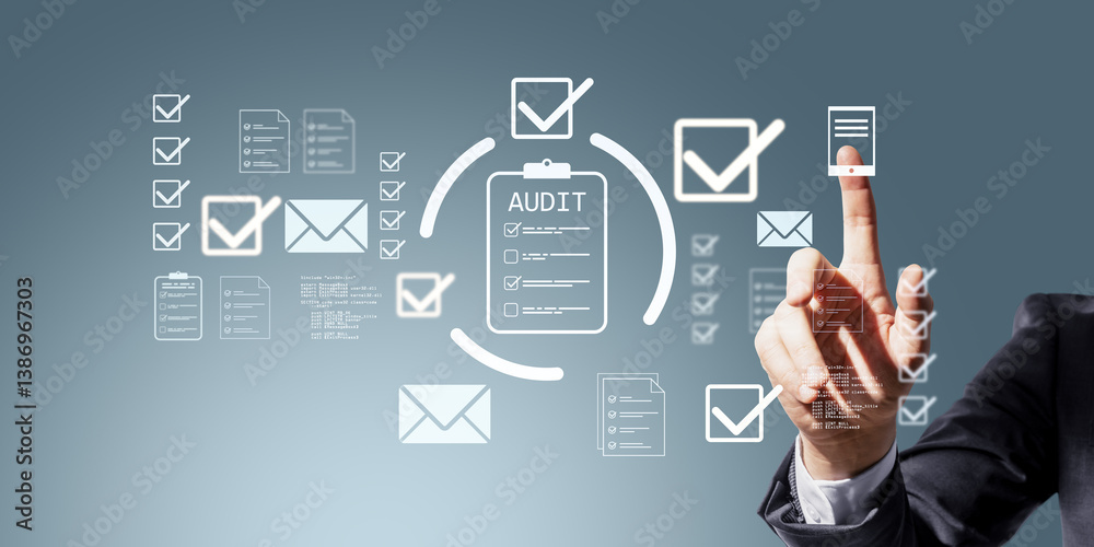 Poster businessman touching virtual screen with audit checklist icons and data symbols on light blue backgr