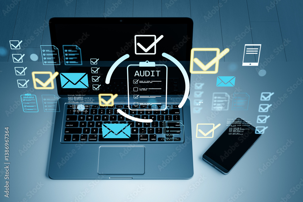 Fototapete Digital audit concept with holographic user interface icons and checklist data over laptop and phone on a modern blue background surface. 3D Rendering