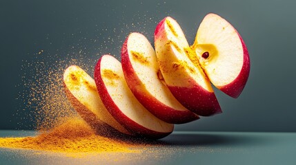 A close up of a sliced apple with a sprinkle of cinnamon on top. Concept of warmth and comfort, as the spices add a cozy touch to the fruit