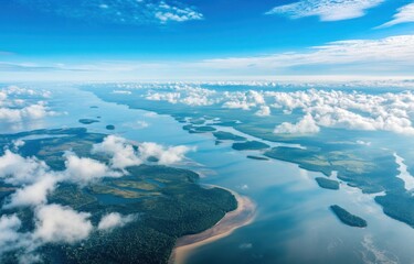 Fototapeta premium Aerial view of a large river and forested islands under clouds