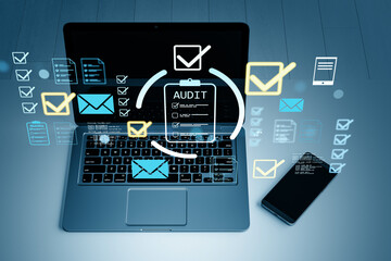 Digital audit concept with holographic user interface icons and checklist data over laptop and phone on a modern blue background surface. 3D Rendering