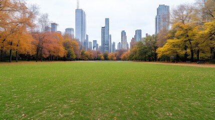 Autumnal park with city skyline. Lush green lawn stretches towards a blurred cityscape of towering modern buildings behind a vibrant autumnal foliage