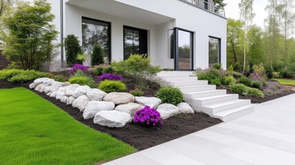 Obraz premium A modern homes entrance features a landscaped garden with a stone retaining wall and purple flowers. White stairs lead to the houses entrance. The image is high-quality, with natural daylight. The