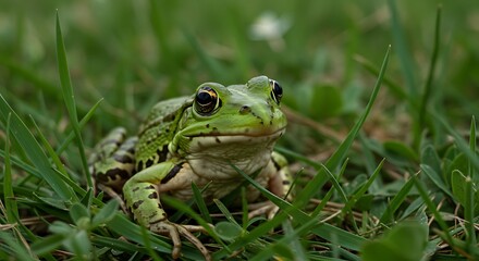 Obraz premium Green Frog In Lush Grass A Moment Of Nature AI Generated