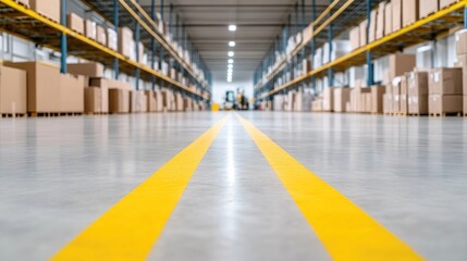 A warehouse features long aisles of stacked cardboard boxes. Brightly lit, the floor has prominent yellow lane markers. The image is high-resolution, showcasing a clean, organized space. The style i