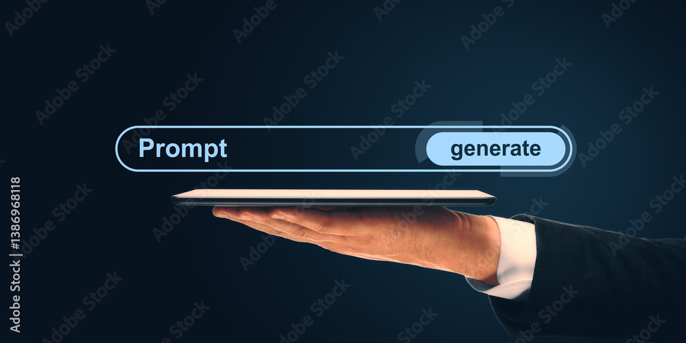 Aufkleber businessperson holding tablet with glowing prompt and generate bar icon over dark background, symbol