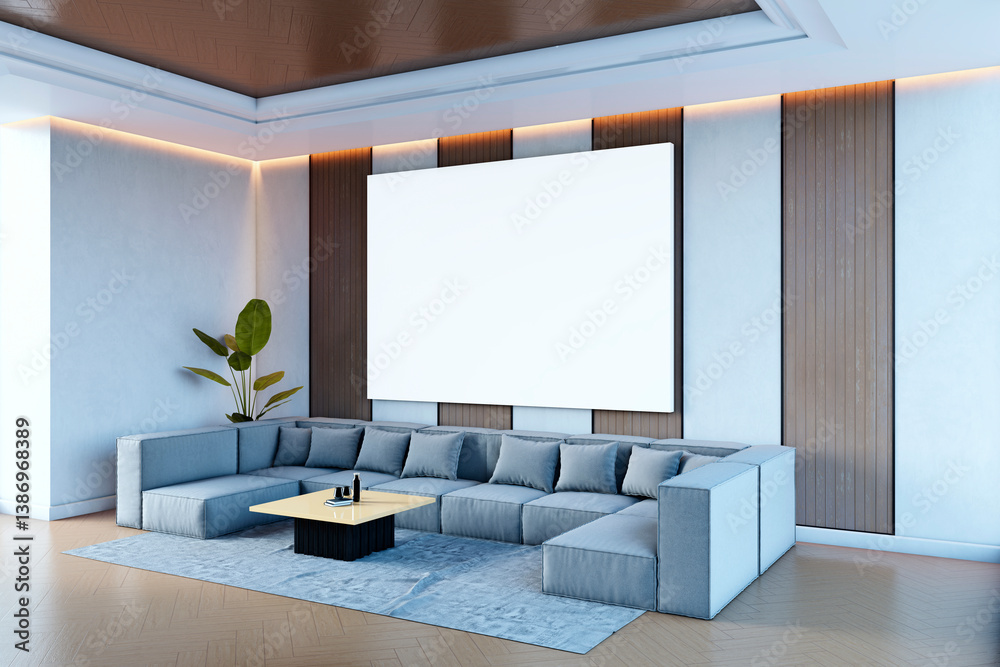Poster Modern living room with large blank canvas on wall above gray modular sofa and coffee table in stylish interior for mockup or poster display template. 3D Rendering