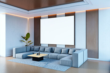 Modern living room with large blank canvas on wall above gray modular sofa and coffee table in stylish interior for mockup or poster display template. 3D Rendering