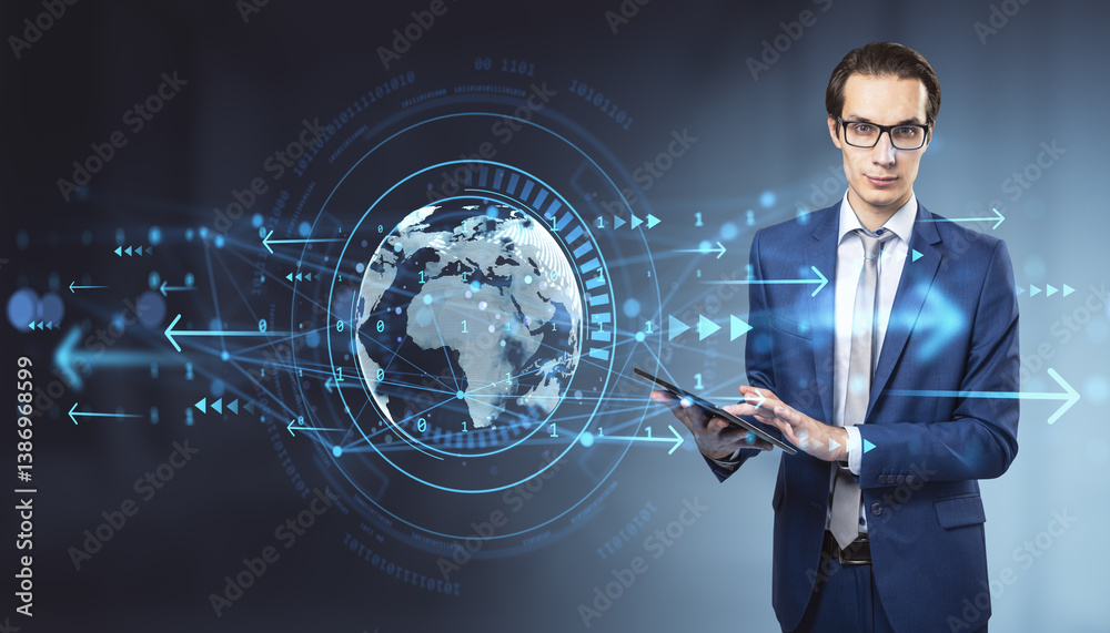 Poster Businessman in blue suit using tablet with digital world map and data flow symbols on futuristic light background representing global technology concept.