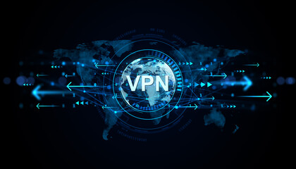 Futuristic VPN digital interface with neon blue arrows over global world map on dark background symbolizing secure virtual network connection. 3D Rendering