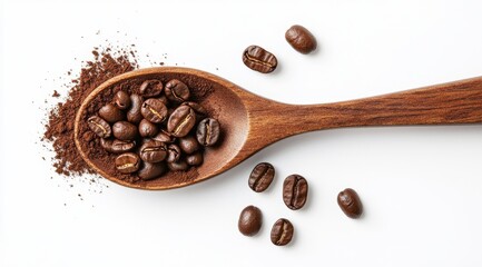Fototapeta premium Wooden spoon filled with roasted coffee beans and coffee powder
