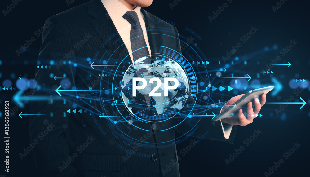 Poster businessman holding tablet with digital p2p network interface and global data connections on dark ab