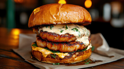 Delicious scallop and shrimp patty burger served with creamy sauce, perfect for gourmet food lovers.