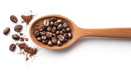 Obraz premium Wooden spoon filled with coffee beans and grounds