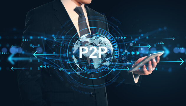 Businessman holding tablet with digital P2P network interface and global data connections on dark abstract futuristic neon blue background. - Powered by Adobe