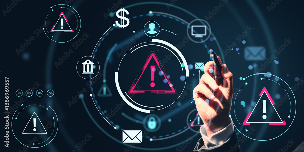 Poster Cybersecurity warning concept with digital alert icons and business person interacting with futuristic interface on dark technology background.