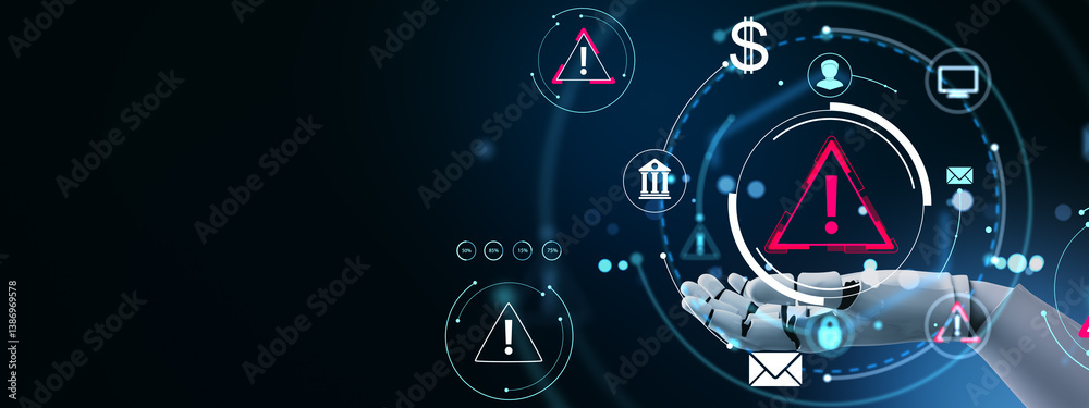 Poster robotic hands presenting cybersecurity warning symbols with digital business icons on futuristic abs