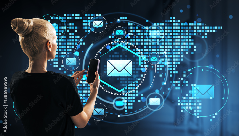 Aufkleber Woman using smartphone with digital email interface over world map background representing global communication technology concept.