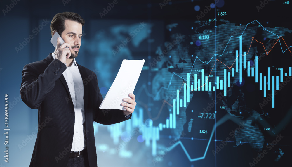 Poster Businessman analyzing financial data while on phone call with digital stock chart on dark tech background representing investment concept.